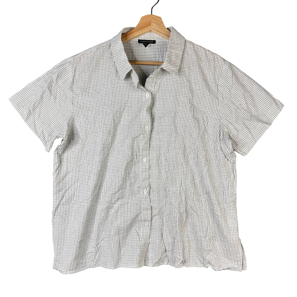 Eileen Fisher Organic Cotton Grid Check Short Sleeve Button Up Shirt Large